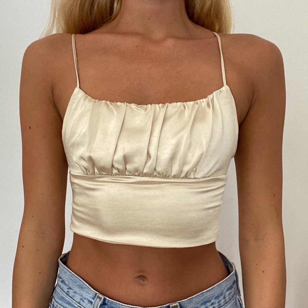 Zara Satin Ruched Crop Tank Top Champagne Gold